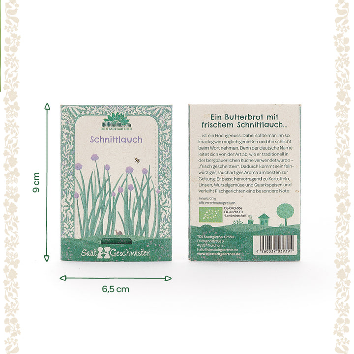 Deux sachets de graines de ciboulette verte à décor floral, dimensions 9 x 6,5 cm, recto avec illustration et abeille, verso avec description en allemand.