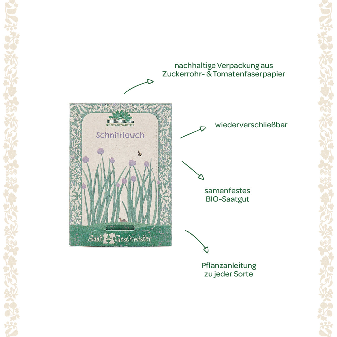 Sachet de graines de ciboulette avec emballage durable, graines biologiques refermables et à pollinisation libre et instructions de plantation, étiqueté en allemand.