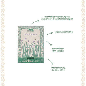 Sachet de graines de ciboulette avec emballage durable, graines biologiques refermables et à pollinisation libre et instructions de plantation, étiqueté en allemand.