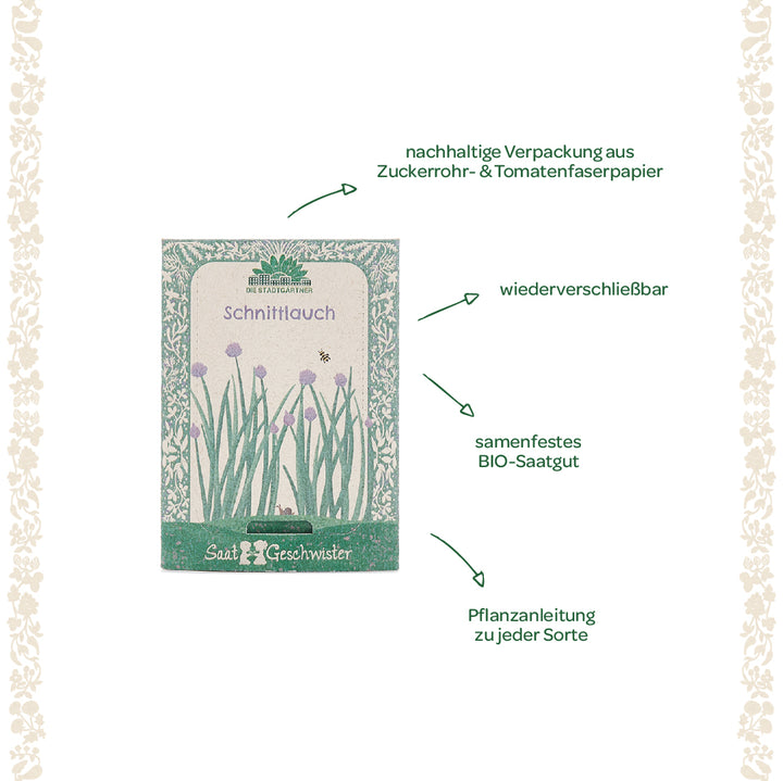 Sachet de graines de ciboulette avec emballage durable, graines biologiques refermables et à pollinisation libre et instructions de plantation, étiqueté en allemand.