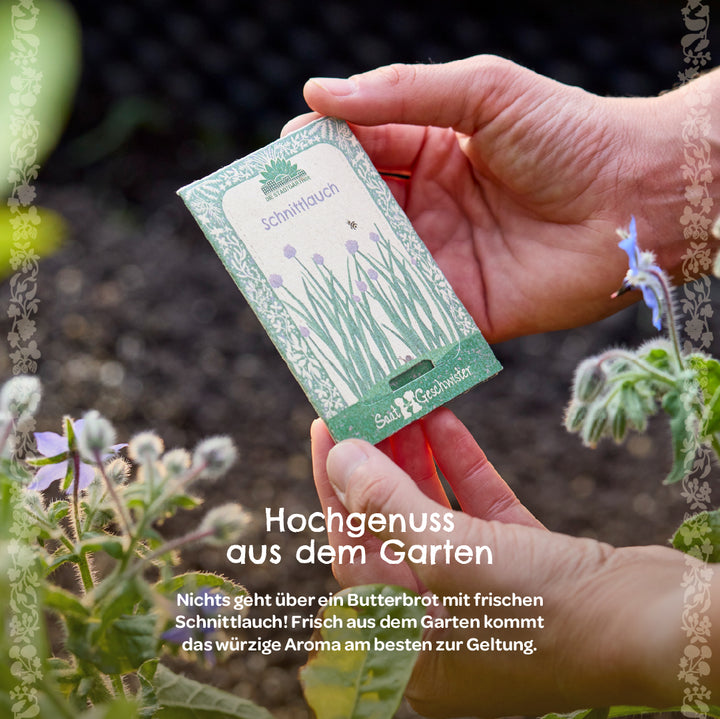 Une personne tient un paquet de graines de ciboulette dans le jardin, devant lequel se trouvent des plantes à fleurs et un texte décrivant les plaisirs du jardinage.