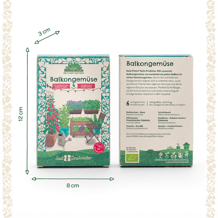 Deux paquets de graines "Légumes de Balcon" avec descriptions détaillées et illustrations pour cultiver des légumes sur le balcon, dimensions 12 x 8 x 3 cm.