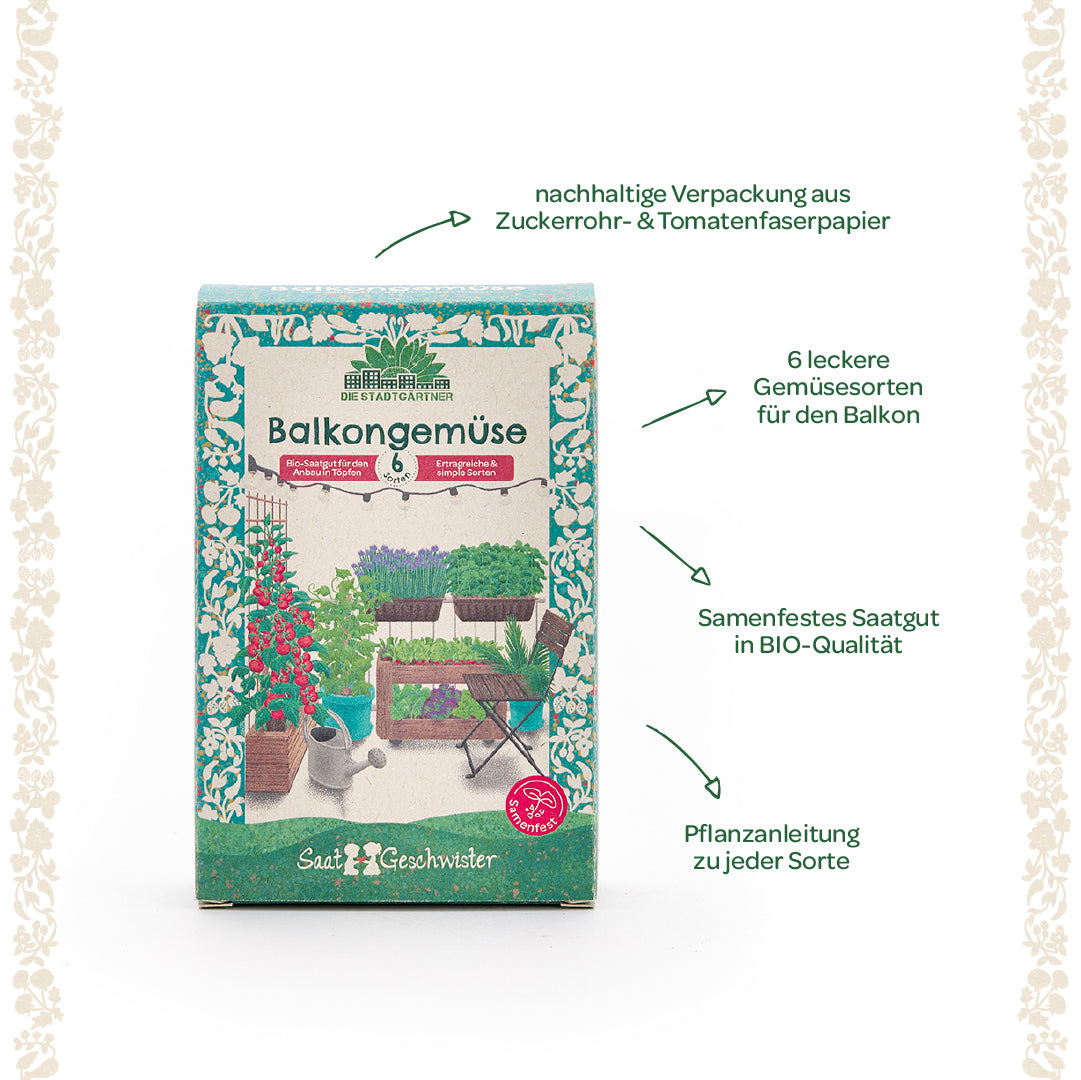 Emballage pour graines de légumes de balcon avec six variétés de légumes, emballage durable et qualité biologique, y compris les instructions de plantation pour le balcon.