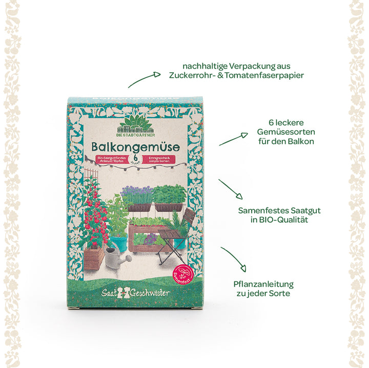 Emballage pour graines de légumes de balcon avec six variétés de légumes, emballage durable et qualité biologique, y compris les instructions de plantation pour le balcon.