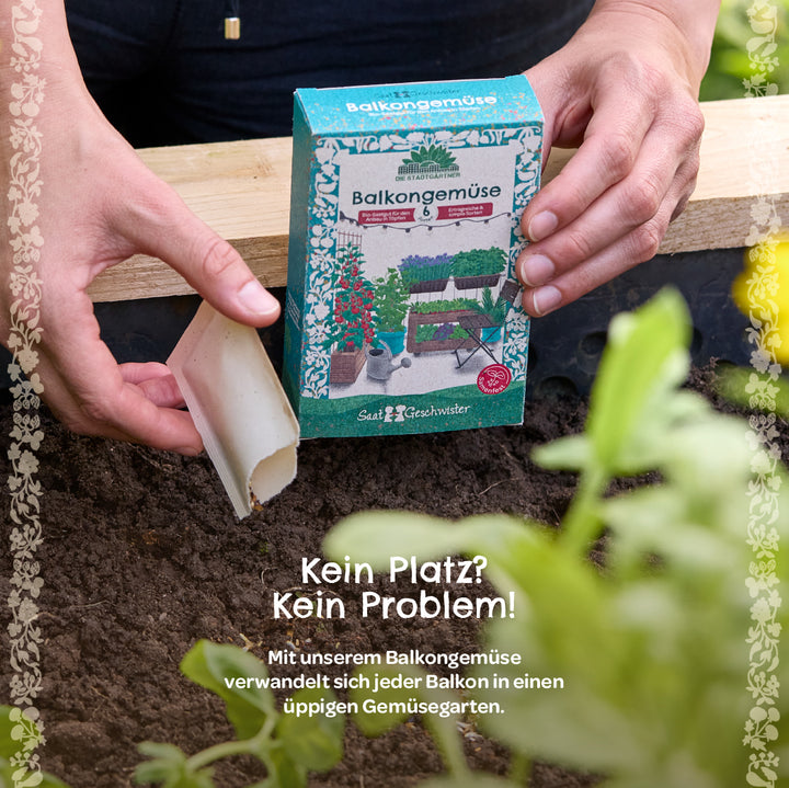 Une personne tient un sachet de graines de légumes de balcon et les verse dans un carré surélevé. La légende dit : « Pas de place ? Pas de problème ! Avec nos légumes de balcon, n'importe quel balcon se transforme en potager luxuriant. »