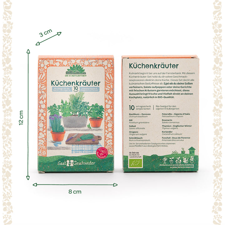 Deux paquets d'un ensemble d'herbes de cuisine avec des descriptions détaillées et des illustrations colorées d'herbes, ainsi que des dimensions : 12 cm de haut, 8 cm de large, 3 cm de profondeur.