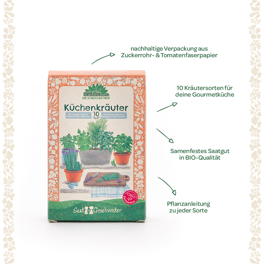 Emballage étiqueté « Herbes de cuisine », montrant divers pots d’herbes et des références à des emballages durables, des graines biologiques et des instructions de plantation.