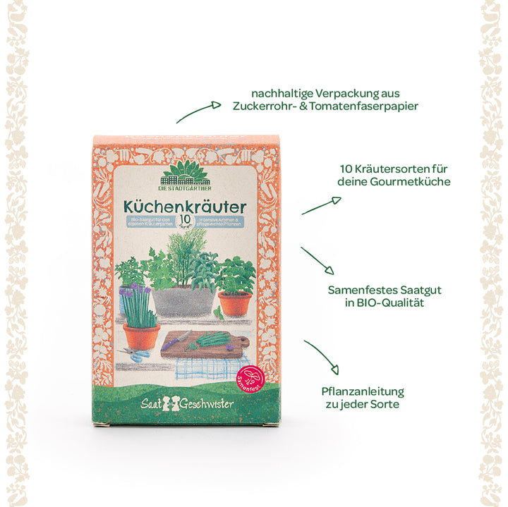 Emballage étiqueté « Herbes de cuisine », montrant divers pots d’herbes et des références à des emballages durables, des graines biologiques et des instructions de plantation.