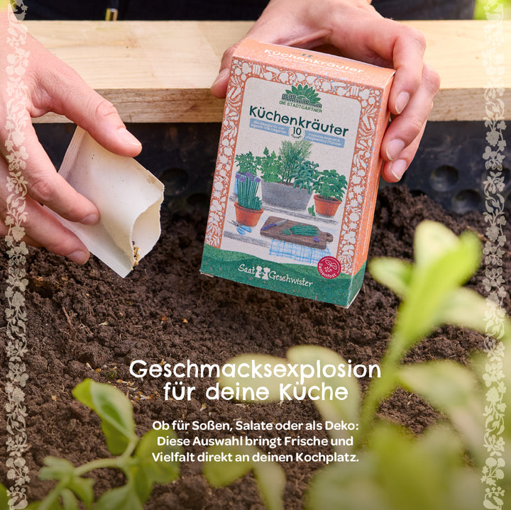 Personne tenant un paquet de graines d'herbes aromatiques et un sachet de graines ouvert sur de la terre fraîche, avec une plante verte à côté ; texte en allemand sur l'explosion de saveurs et la fraîcheur en cuisine.