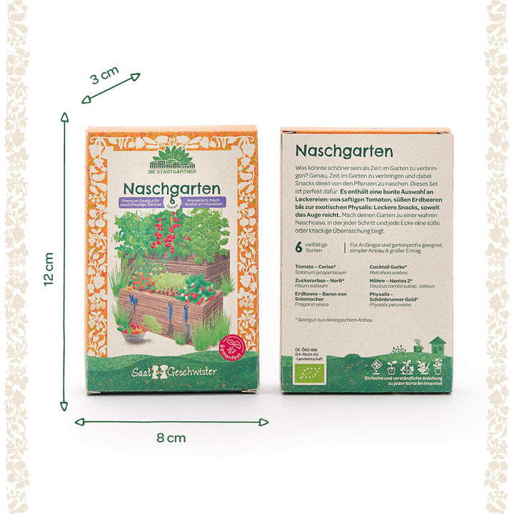 Deux boîtes à graines rectangulaires avec l'inscription "Naschgarten" et des illustrations de légumes colorées sur le devant ; les dimensions de la boîte sont de 12 cm de haut, 8 cm de large et 3 cm de profondeur.