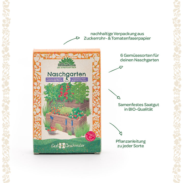 Emballage pour un kit de semences « Snack Garden » avec six variétés de légumes, emballage durable en papier de fibre de canne à sucre et de tomate, semences biologiques à pollinisation libre et instructions de plantation pour chaque variété.