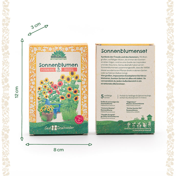 Deux ensembles de graines de tournesol au design jaune-orange, recto avec illustrations de tournesols, verso avec description et liste des variétés ; dimensions 12 cm de hauteur, 8 cm de largeur, 3 cm de profondeur.
