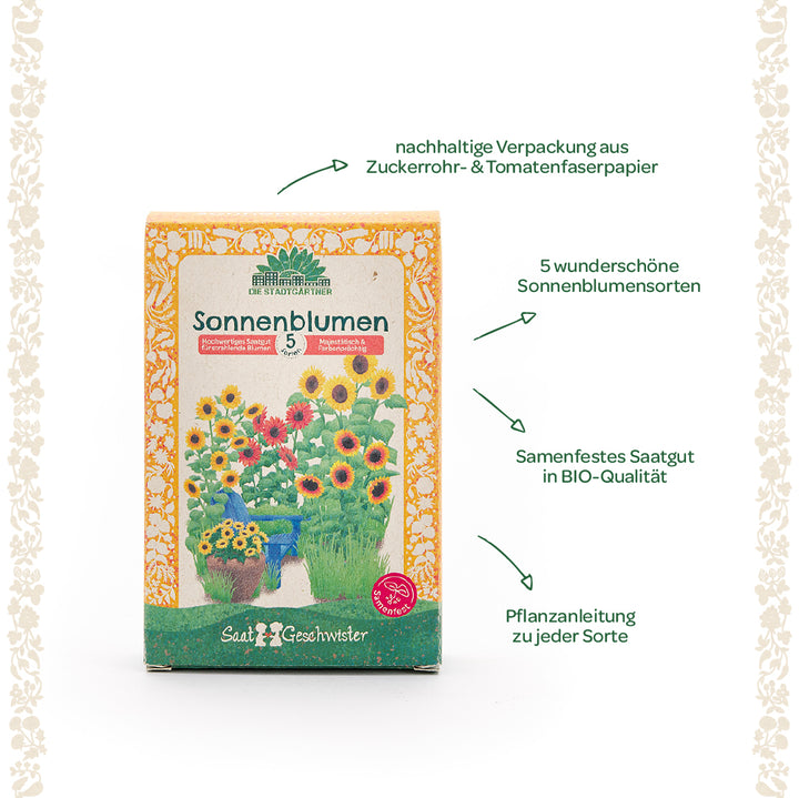 Emballage avec des graines de tournesol de « Die Stadtgärtner » (Les jardiniers de la ville), comprenant cinq variétés de tournesols, un emballage durable en papier de canne à sucre et de fibres de tomate, des graines biologiques à pollinisation libre et des instructions de plantation.