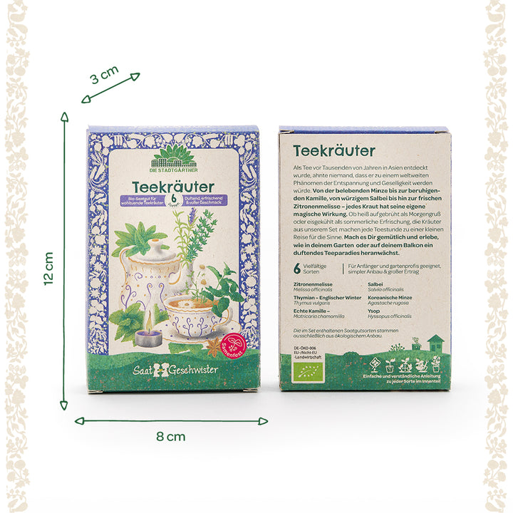 Deux paquets de graines de tisane avec descriptions détaillées et illustrations d'herbes, dimensions 12 cm x 8 cm x 3 cm, sur fond blanc.
