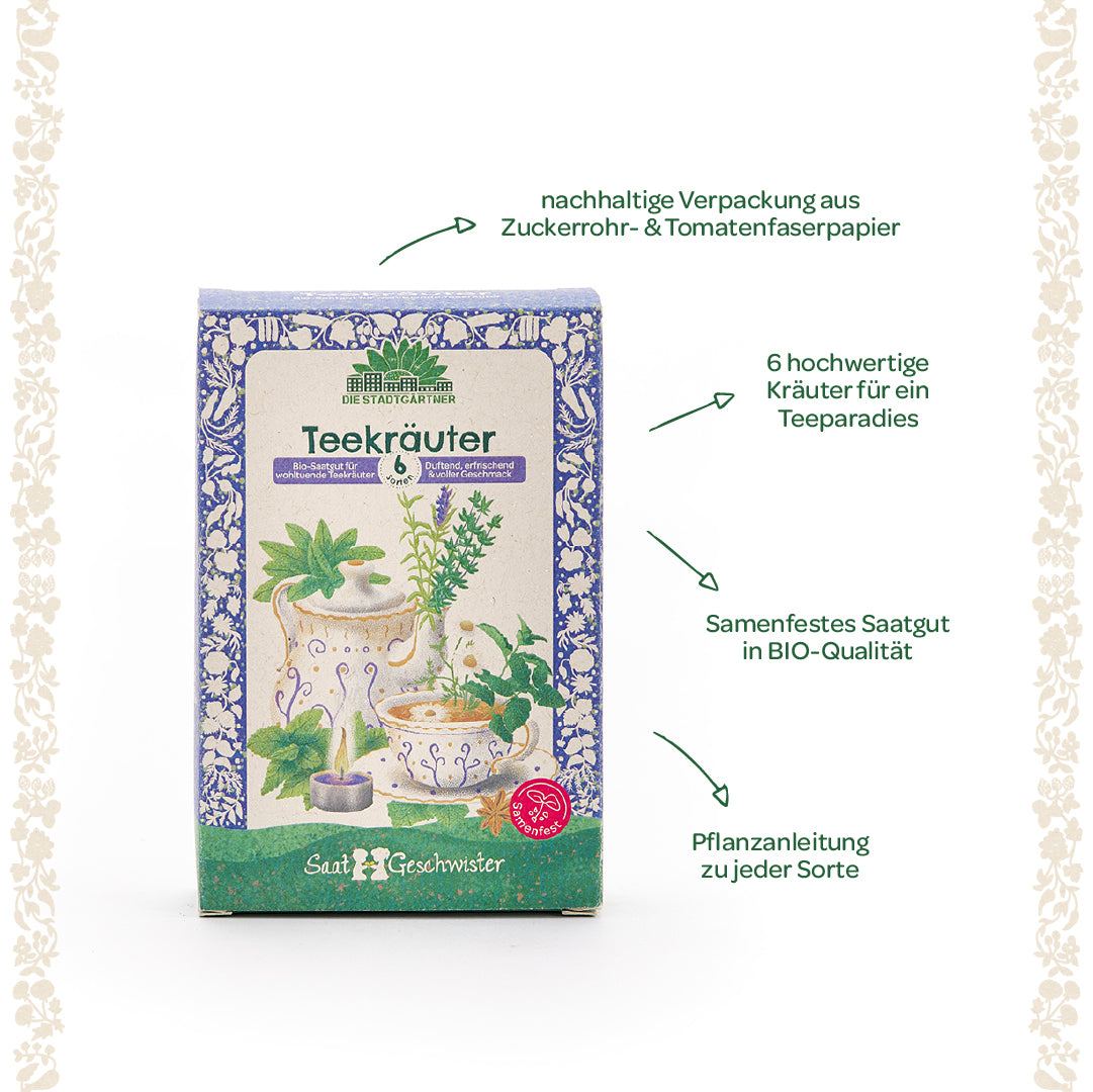 Emballage de graines de tisane bio avec six variétés d'herbes, papier en fibre de canne à sucre et de tomate durable, plantes illustrées et informations sur la qualité biologique et les instructions de culture.