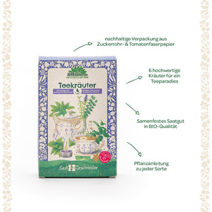 Emballage de graines de tisane bio avec six variétés d'herbes, papier en fibre de canne à sucre et de tomate durable, plantes illustrées et informations sur la qualité biologique et les instructions de culture.