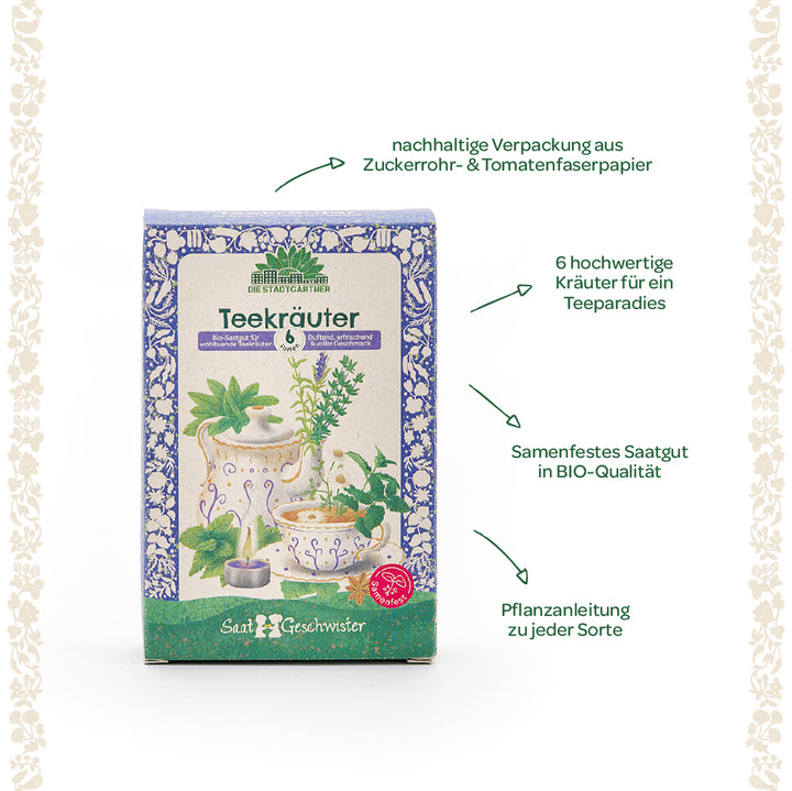 Emballage de graines de tisane bio avec six variétés d'herbes, papier en fibre de canne à sucre et de tomate durable, plantes illustrées et informations sur la qualité biologique et les instructions de culture.