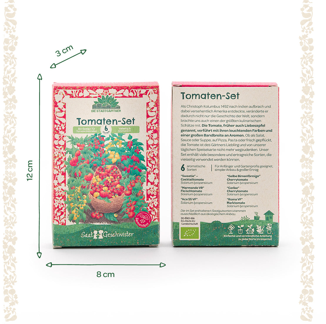 Deux paquets de tomates en carton avec un motif floral coloré et des descriptions et mesures détaillées (12 cm x 8 cm x 3 cm) sur fond blanc.