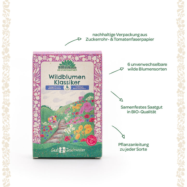 Pack « Wildflower Classics » avec un motif floral coloré, un emballage durable en papier de canne à sucre et de fibre de tomate, des graines biologiques, 6 variétés de fleurs sauvages et des instructions incluses.