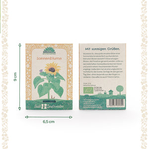 Deux sachets de graines de tournesol de la marque "SaatGeschwister" avec dimensions, recto et verso visibles ; recto avec illustration de tournesol, verso avec texte descriptif et code-barres.