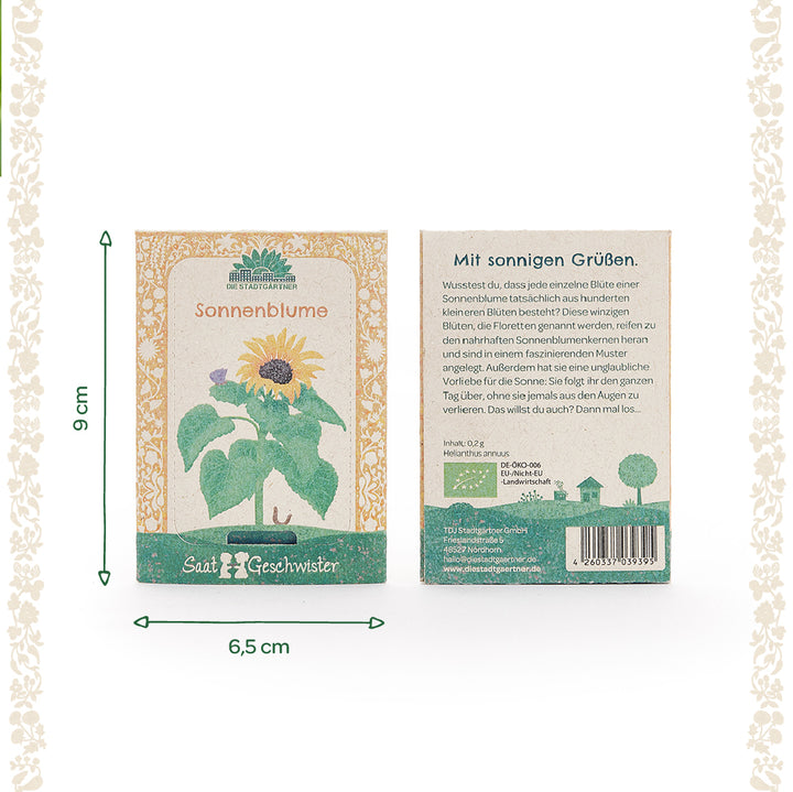 Deux sachets de graines de tournesol de la marque "SaatGeschwister" avec dimensions, recto et verso visibles ; recto avec illustration de tournesol, verso avec texte descriptif et code-barres.