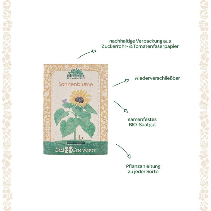 Sachets de graines de tournesol fabriqués à partir de papier de canne à sucre et de fibres de tomate durables, refermables, avec des graines biologiques à pollinisation libre et des instructions de plantation.