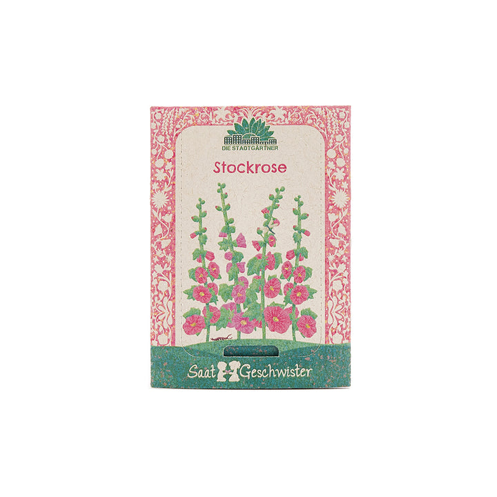 Sachet de graines de rose trémière avec illustration colorée de la plante et motif décoratif.