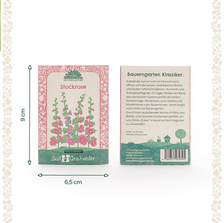 Deux sachets de graines de roses trémières de Saatgeschwister, l'un avec une illustration des fleurs et l'autre avec une description en allemand ; dimensions 9 cm de haut et 6,5 cm de large.