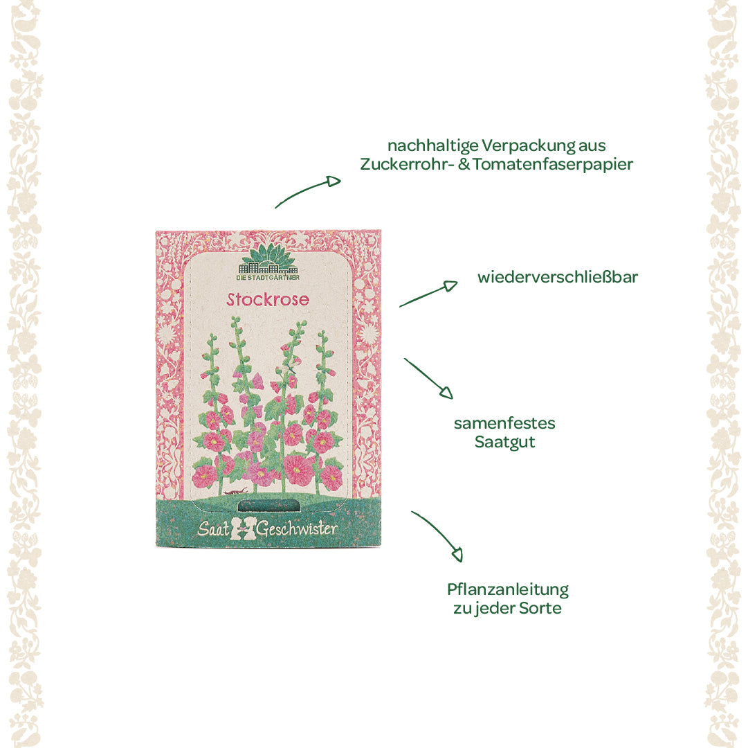 Pack de graines pour rose trémière avec emballage durable, graines refermables à pollinisation libre et instructions de plantation.