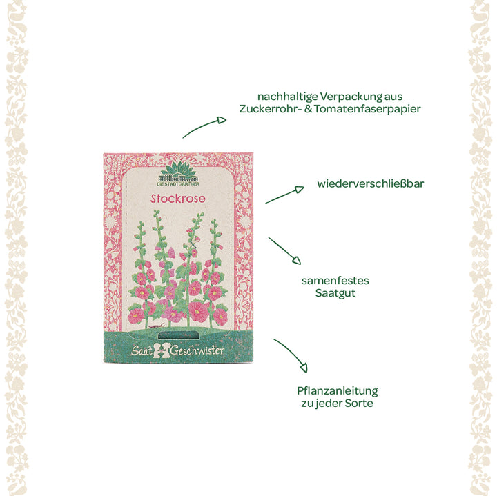 Pack de graines pour rose trémière avec emballage durable, graines refermables à pollinisation libre et instructions de plantation.