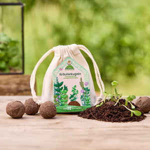 Sacs en tissu étiquetés « Herbal Balls » et présentant des illustrations d'herbes, entourés de bombes de graines et de jeunes pousses de plantes sur une table en bois.