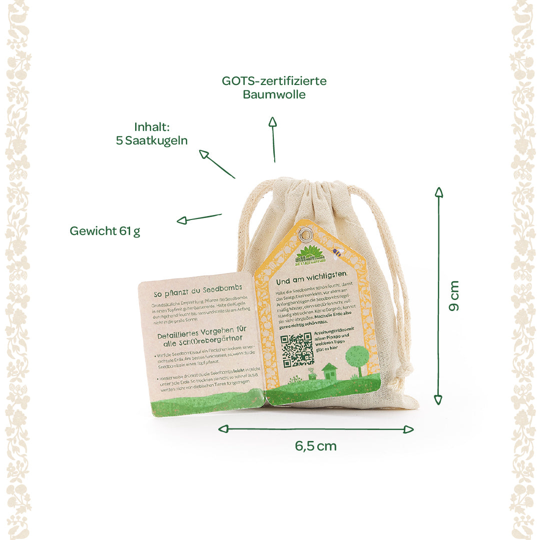 Un sachet en coton certifié GOTS avec instructions, contient 5 boules de graines, poids 61 g, dimensions 9 x 6,5 cm.