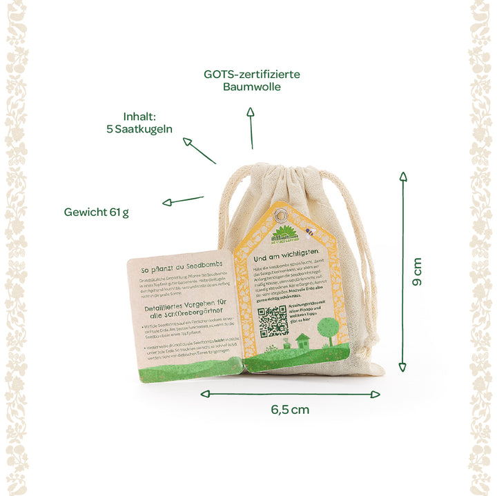 Un sachet en coton certifié GOTS avec instructions, contient 5 boules de graines, poids 61 g, dimensions 9 x 6,5 cm.