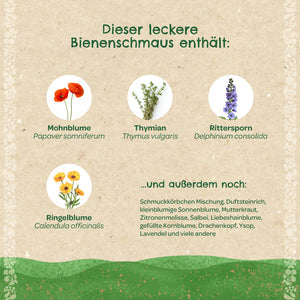 Alt="Illustration de diverses plantes mellifères : pavot (Papaver somniferum), thym (Thymus vulgaris), pied-d'alouette (Delphinium consolida) et souci officinal (Calendula officinalis). Une liste d'autres espèces végétales est également incluse."