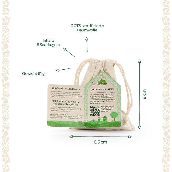 Petit sac en coton certifié GOTS avec 5 boules de graines, poids 61 g, 6,5 cm de large et 9 cm de haut, avec instructions de plantation en allemand.