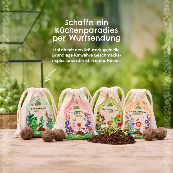 Quatre petits sacs en tissu contenant divers mélanges de graines d'herbes et des boules d'herbes sur une table en bois sur fond vert, avec un texte publicitaire pour les boules d'herbes.