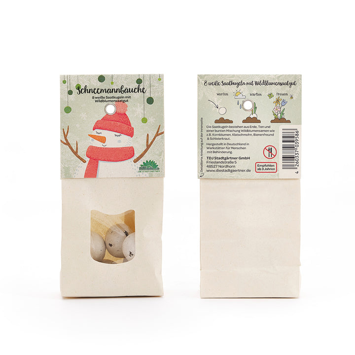 Deux sacs en papier étiquetés « Ventres de bonhomme de neige », avec un dessin de bonhomme de neige sur le devant et une fenêtre avec des boules blanches. Les instructions de plantation et les informations produit en allemand figurent au dos.