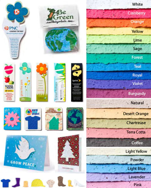 Divers articles promotionnels respectueux de l'environnement et produits imprimés en papier ensemencé recyclé, ainsi que des échantillons de couleurs dans une variété de nuances.