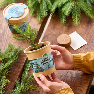 Une personne tient un petit pot avec une jeune pousse de sapin sur une table en bois, à côté se trouve un deuxième pot avec un couvercle, des branches de sapin et une tablette de noix de coco.