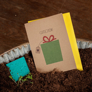 Carte cadeau avec illustration de cadeau dans la terre à côté de jeunes plantes.