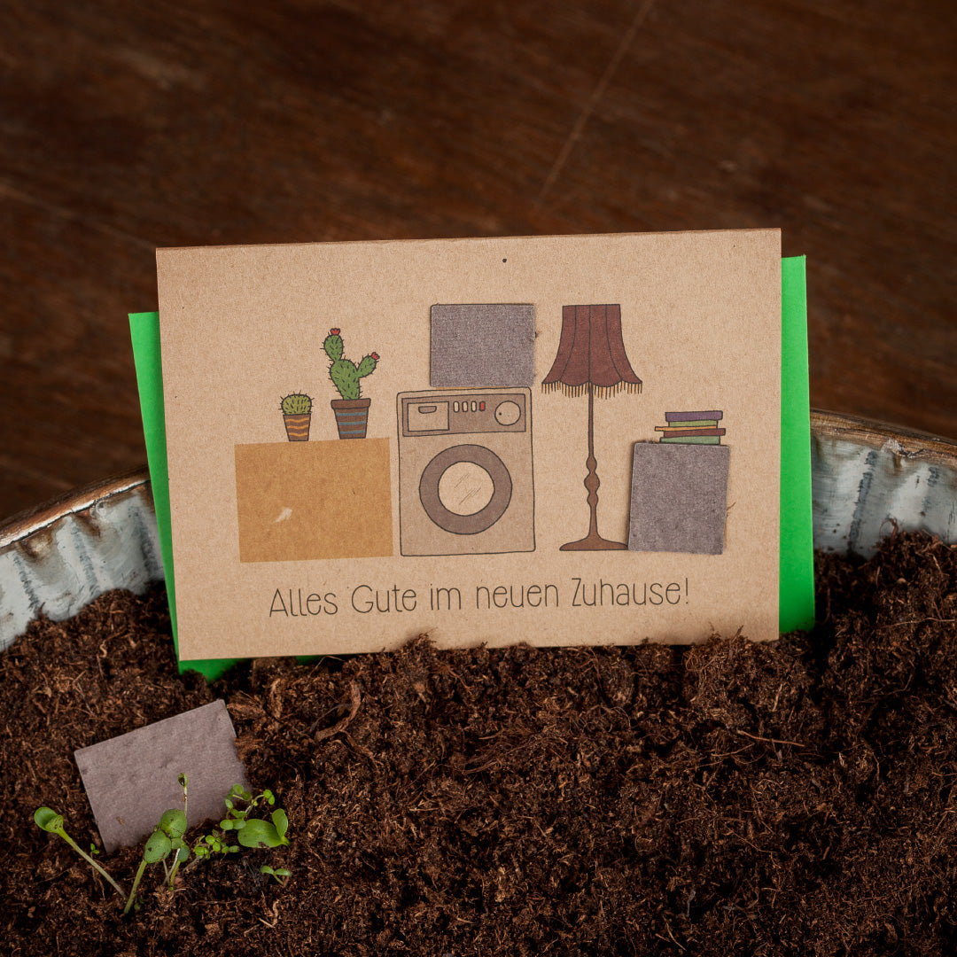 Carte de félicitations avec plantes en pot, machine à laver et lampe, texte : Tous mes vœux de bonheur dans votre nouvelle maison !