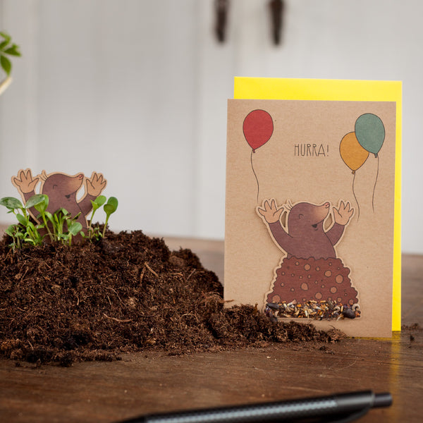 Une carte de vœux avec une taupe joyeuse, des ballons colorés et les mots « Hourra ! », à côté d'une décoration de taupe dans le sol avec une plante verte.