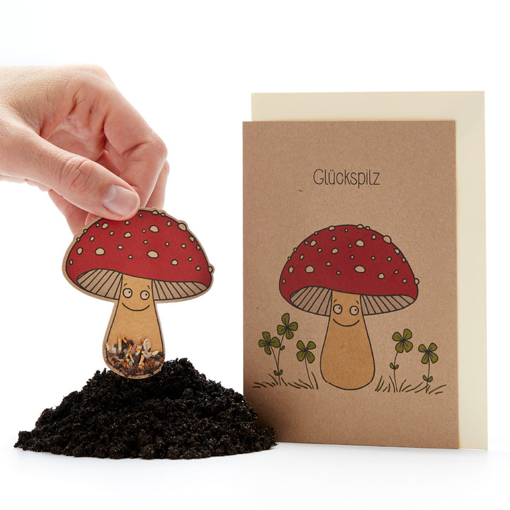 La main met dans le sol une carte en forme de champignon avec des graines, à côté une carte de vœux avec une amanite tue-mouches et l'inscription « Lucky Mushroom ».