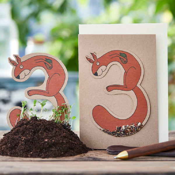 Un parterre de fleurs d'écureuil avec des plantes en germination et une carte de vœux avec un motif d'écureuil sur une table de jardin.