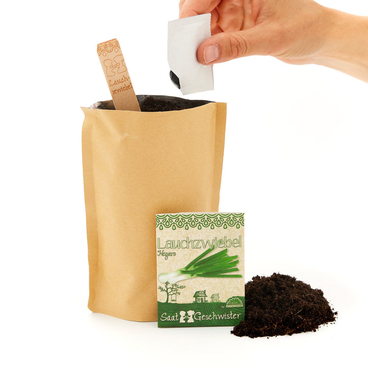 Main tenant un sachet de graines au-dessus d'un sac en papier brun rempli de terre, à côté d'un autre sachet de graines et d'un tas de terre.