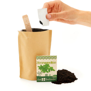 Une main ouvre un sachet de graines sur un sac de plantation marron contenant de la terre et une pancarte indiquant « Mélisse »