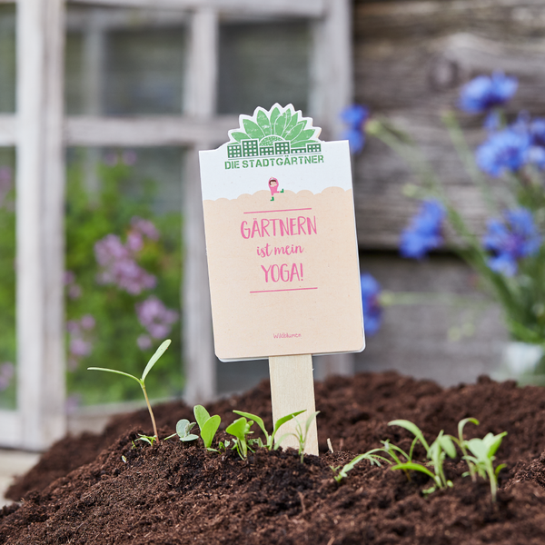 Un panneau dans le jardin indiquant « Le jardinage est mon yoga ! » se trouve dans le sol fraîchement planté.