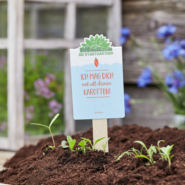 Plantez un panneau indiquant « Je t'aime avec toutes tes carottes ! » dans un parterre de jardin.
