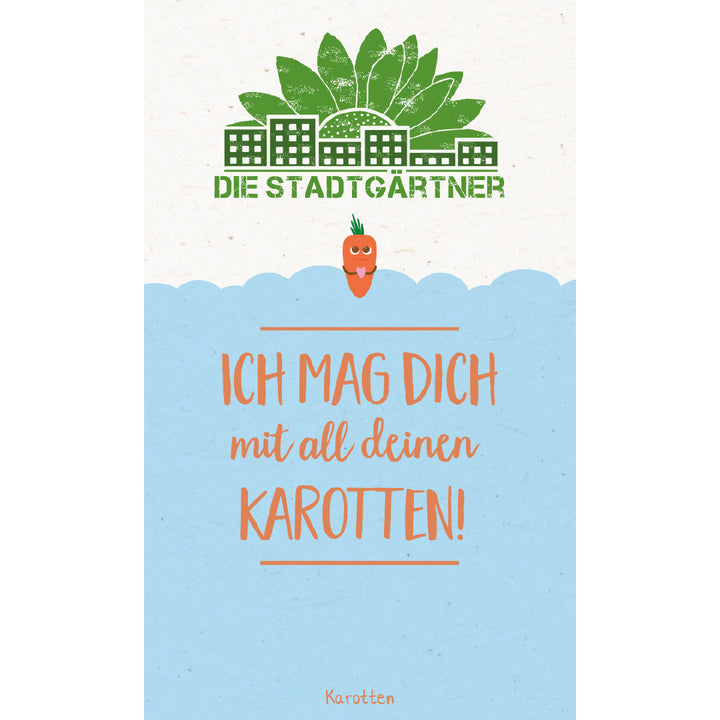 Illustration avec le texte "Je t'aime avec toutes tes carottes" et le logo "Les Jardiniers de la Ville", accompagné d'une figure de carotte souriante.