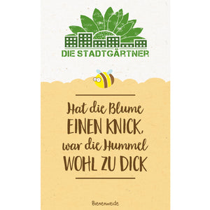 Illustration avec un logo vert du Stadtgarten, une abeille dessinée et le dicton « Si la fleur est courbée, le bourdon était probablement trop gros » sur un fond jaune.